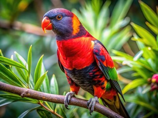 Obraz premium Stunning Dusky Lory Bird Perched on a Branch in Vibrant Nature Setting, Exotic Wildlife Photography