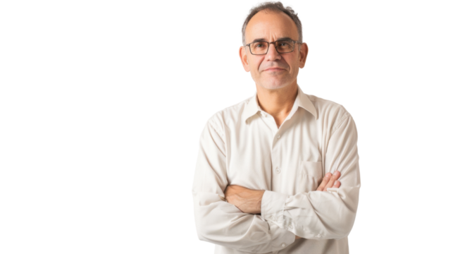 Middle-aged Caucasian male business owner giving a motivational talk on white background