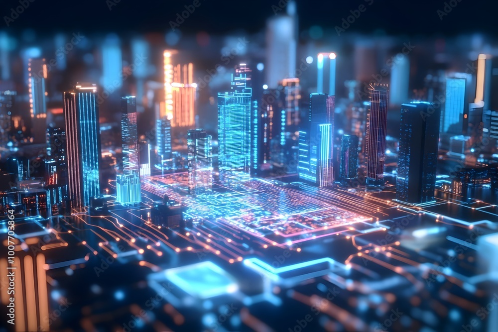 Poster holographic cityscape with real time data analytics overlay showcasing futuristic urban dynamics