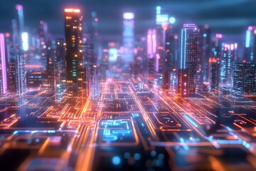 Holographic Futuristic City Map with Real time Big Data Analytics Overlay Showing Urban Trends and Patterns