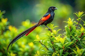 Fototapeta premium Stunning Long Tailed Widow Bird Perched Amidst Lush Greenery in a Vibrant Natural Habitat Scene