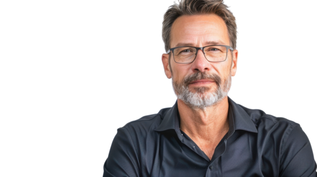 Middle-aged Caucasian male business owner giving a motivational talk on white background