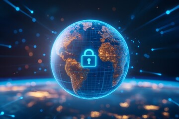 Digital Globe with Lock Icon and Blue Laser Grid Symbolizing Global Cybersecurity and Web Protection