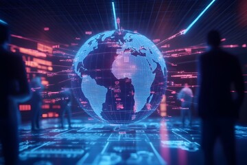Futuristic Digital Globe Hologram with Illuminated Network and Data Visualization in Neon Backdrop