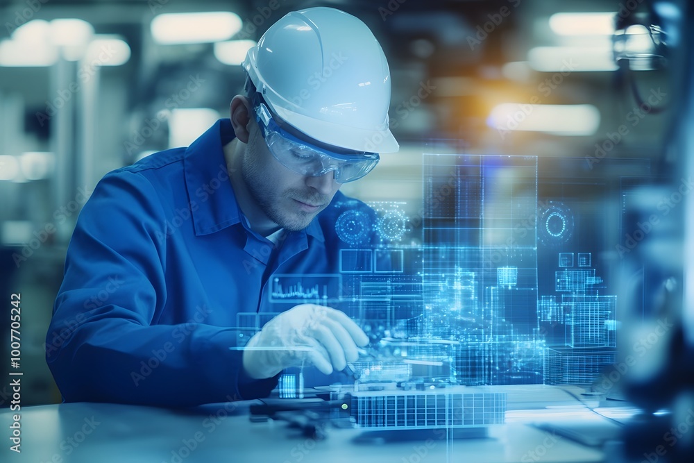 Poster professional engineer examining futuristic engineering diagrams and blueprints on digital tablet in 
