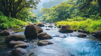 A tranquil river meanders through a lush tropical forest, with clear blue water flowing over smooth, moss-covered rocks.