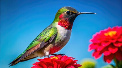 Fototapeta premium Stunning Ruby Red Throated Hummingbird Perched on a Vibrant Flower Against a Clear Blue Sky