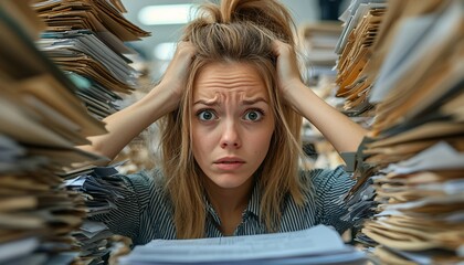 Overwhelmed Businesswoman in Office Desperately Managing Paperwork Stress - Close-Up Shot of Anxious Female Employee with Piled Documents