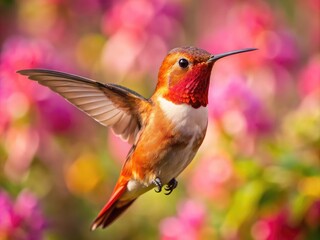 Fototapeta premium Stunning Rufous Hummingbird in Flight with Vibrant Colors and Natural Background in Springtime