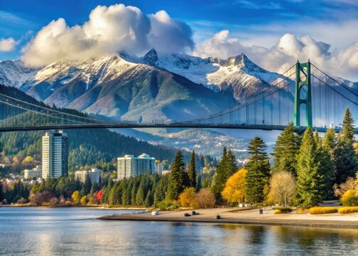 Stunning Stanley Park Panorama Featuring Lions Gate Bridge and Snow-Capped Mountains in Vancouver