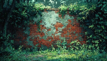 Nature Reclaimed: Transformation of a Brick Wall into a Lush Forest - Surreal Illustration of Greenery and Trees Emerging