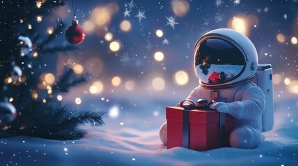 Cute Astronaut with Christmas Gift in Snowy Setting