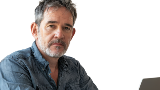 Middle-aged Caucasian male in tech environment with laptop on white background