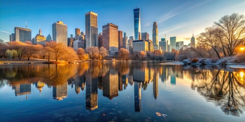 Obraz premium Sunny Winter Morning in Central Park with Manhattan Skyscrapers Reflected in Lake Waters