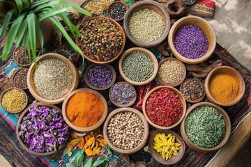 Fototapeta premium A variety of spices and herbs are arranged in wooden bowls on a colorful rug.