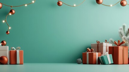 Colorful Christmas gifts with decorations on a teal background.