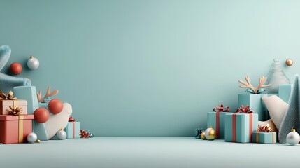 Colorful Christmas gifts with festive decorations on a blue background.