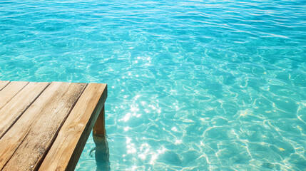 Fototapeta premium serene wooden dock extends over crystal clear turquoise ocean, with gentle waves reflecting sunlight. tranquil scene evokes sense of peace and relaxation