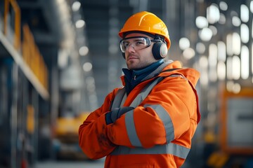 Confident Construction Worker in Protective Workwear Standing at Industrial Facility