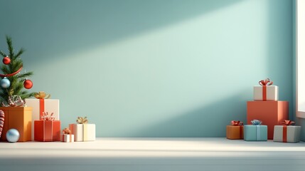 Christmas gifts and a small tree on a bright, minimalistic background.