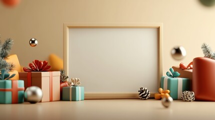 Christmas themed scene with a blank frame and colorful gift boxes.