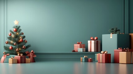 Christmas tree with presents in a stylish room, vibrant wall color.