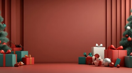 Christmas-themed room with gifts, decorations, and trees on a festive background.