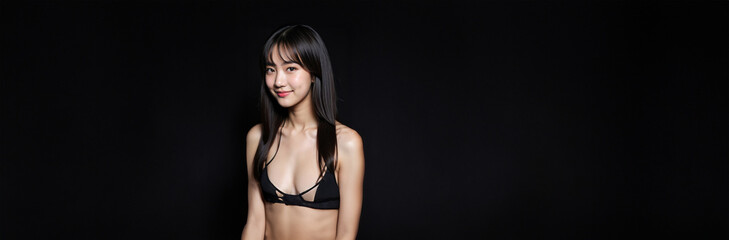 Naklejka premium A fashionable woman with silver hair poses in metallic lingerie, exuding confidence and elegance. Her modern style and radiant smile make her stand out.
