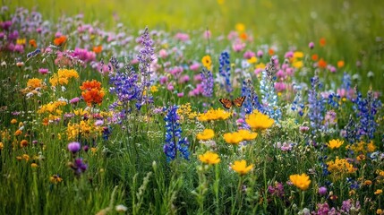 A vibrant meadow with a beautiful butterfly fluttering among colorful wildflowers.