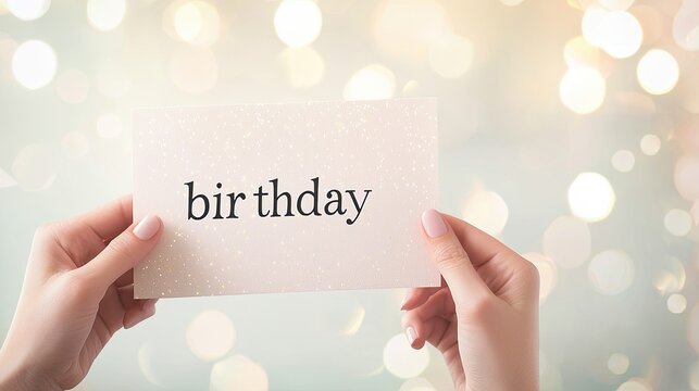 A person holds a card that reads "birthday," surrounded by a soft, blurred sparkly background, creating a festive atmosphere. - Powered by Adobe