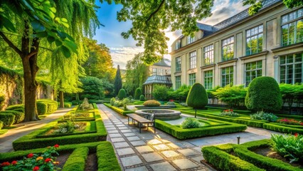 Obraz premium Tranquil Warsaw Library Garden with Lush Greenery and Serene Pathways for Relaxation and Reflection