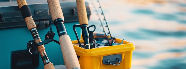Fishing rods resting on a fishing boat with a yellow tackle box near calm waters during the golden hour at a scenic lake