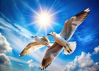 Fototapeta premium Two Birds in Flight Against a Clear Blue Sky Showcasing Nature's Beauty and Freedom in Motion