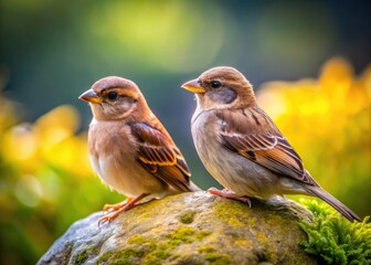 Fototapeta premium Two Birds Resting on a Stone with a Soft Natural Background in a Serene Outdoor Setting