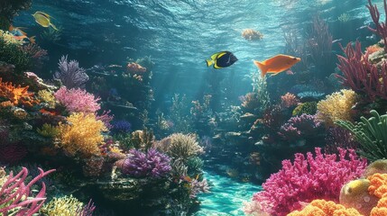 A vibrant underwater scene with colorful coral reefs and fish swimming through the clear blue water.