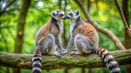 Two ringtailed lemurs grooming each other while perched on tree branches in a serene forest setting