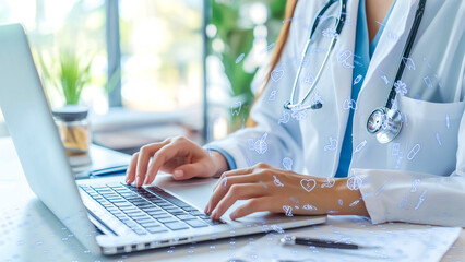Doctor working on a laptop with futuristic medical data overlays