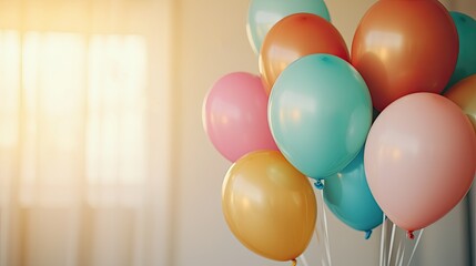 A vibrant collection of colorful balloons in soft lighting, creating a festive and cheerful atmosphere.