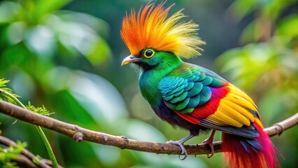Obraz premium Uniquely Styled Hairbird with Vibrant Plumes Perched on a Branch Amidst a Lush Green Background
