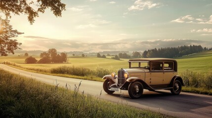 Fototapeta premium A vintage car drives down a country road with a sunset in the background.