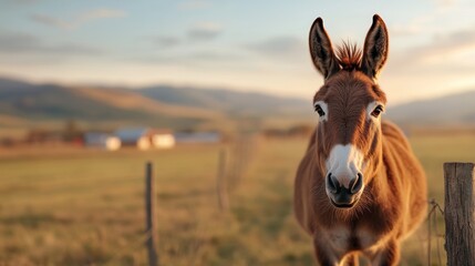 Naklejka premium A close-up of a brown horse in a field during sunset, with mountains in the background.