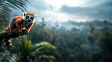 Fototapeta premium A curious lemur perched on a branch in a lush green jungle environment.