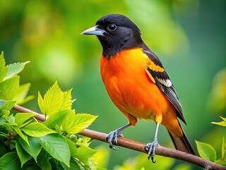 Fototapeta premium Vibrant Baltimore Oriole Perched on a Branch Surrounded by Lush Green Foliage in Natural Habitat