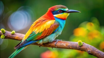 Obraz premium Vibrant Bater Bird Perched on Branch in Natural Habitat Showcasing Colorful Feathers and Beauty