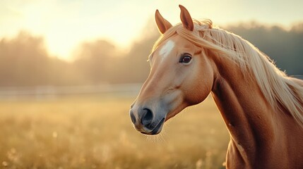 Obraz premium Beautiful horse portrait with golden mane in a sunlit field.