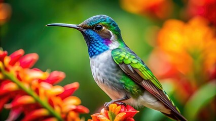 Fototapeta premium Vibrant Bee Hummingbird Perched on a Flower with Colorful Feathers in a Lush Tropical Environment