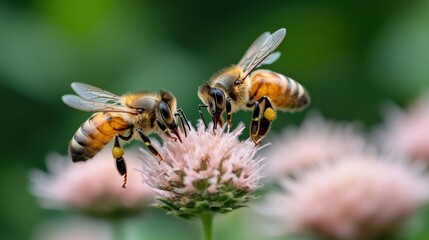 Bees collecting nectar from a pink flower on a sunny day