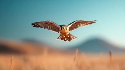 Obraz premium Bird in flight over a blurred landscape with a blue sky background.