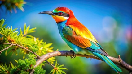 Obraz premium Vibrant Bird of Beauty Perched on a Branch in Lush Greenery Under Bright Blue Sky in Nature
