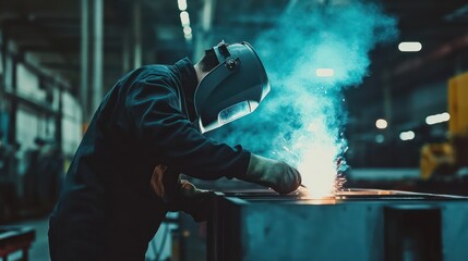 A welder in a blue jacket and helmet welds metal in a factory, surrounded by smoke and sparks.
